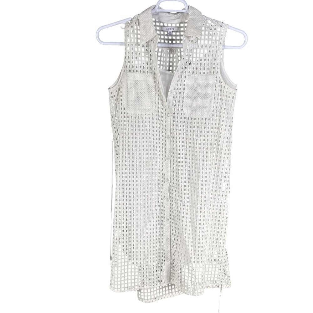 Reed NEW Women M Novelty White Eyelet Shirt Dress Button Up Preppy Cottagecore - Picture 6 of 16